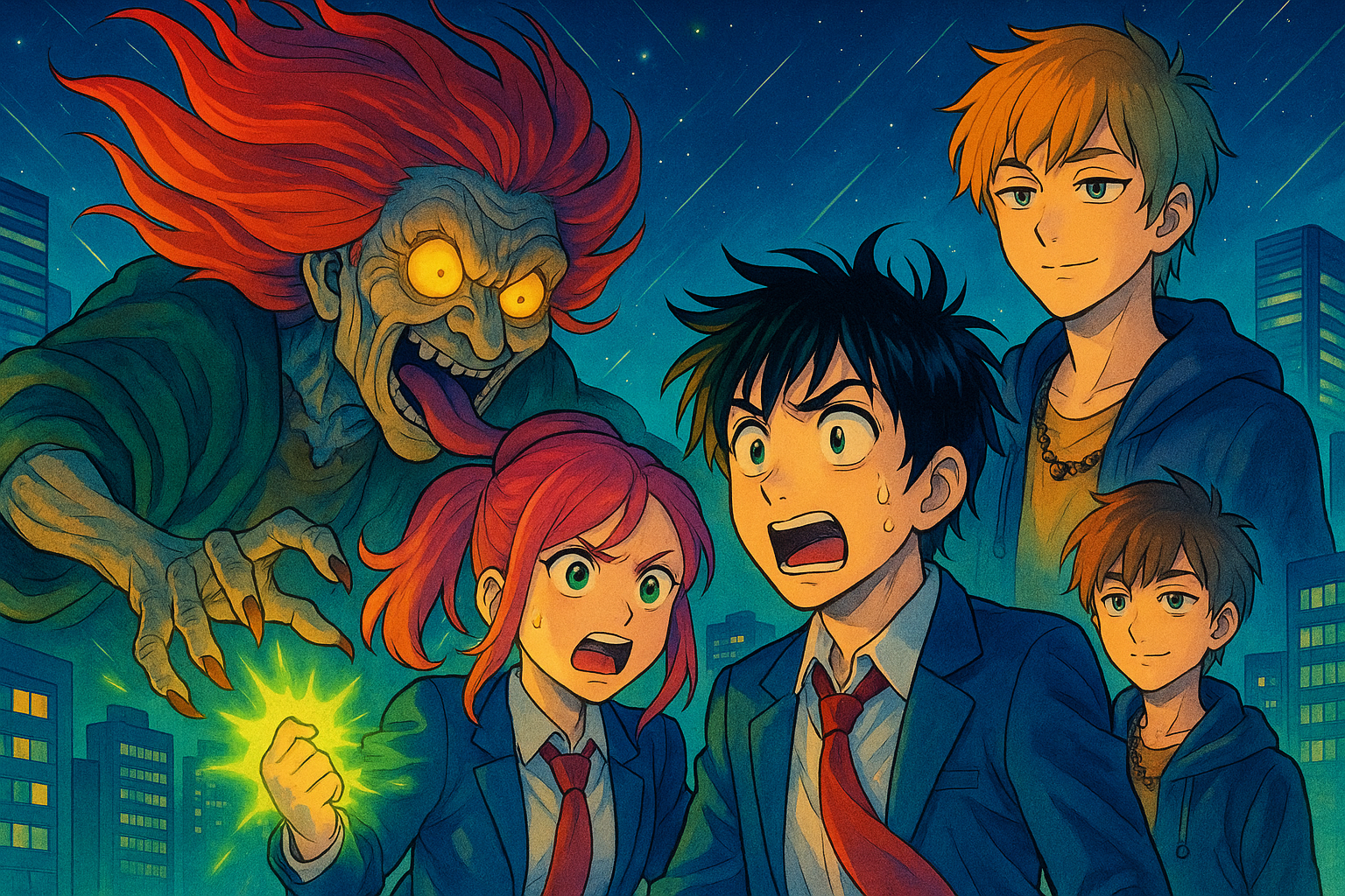 ダンダダン4話のイメージイラスト。主人公のオカルンとモモが怪異ターボババアに驚き、寺仁が見守る様子