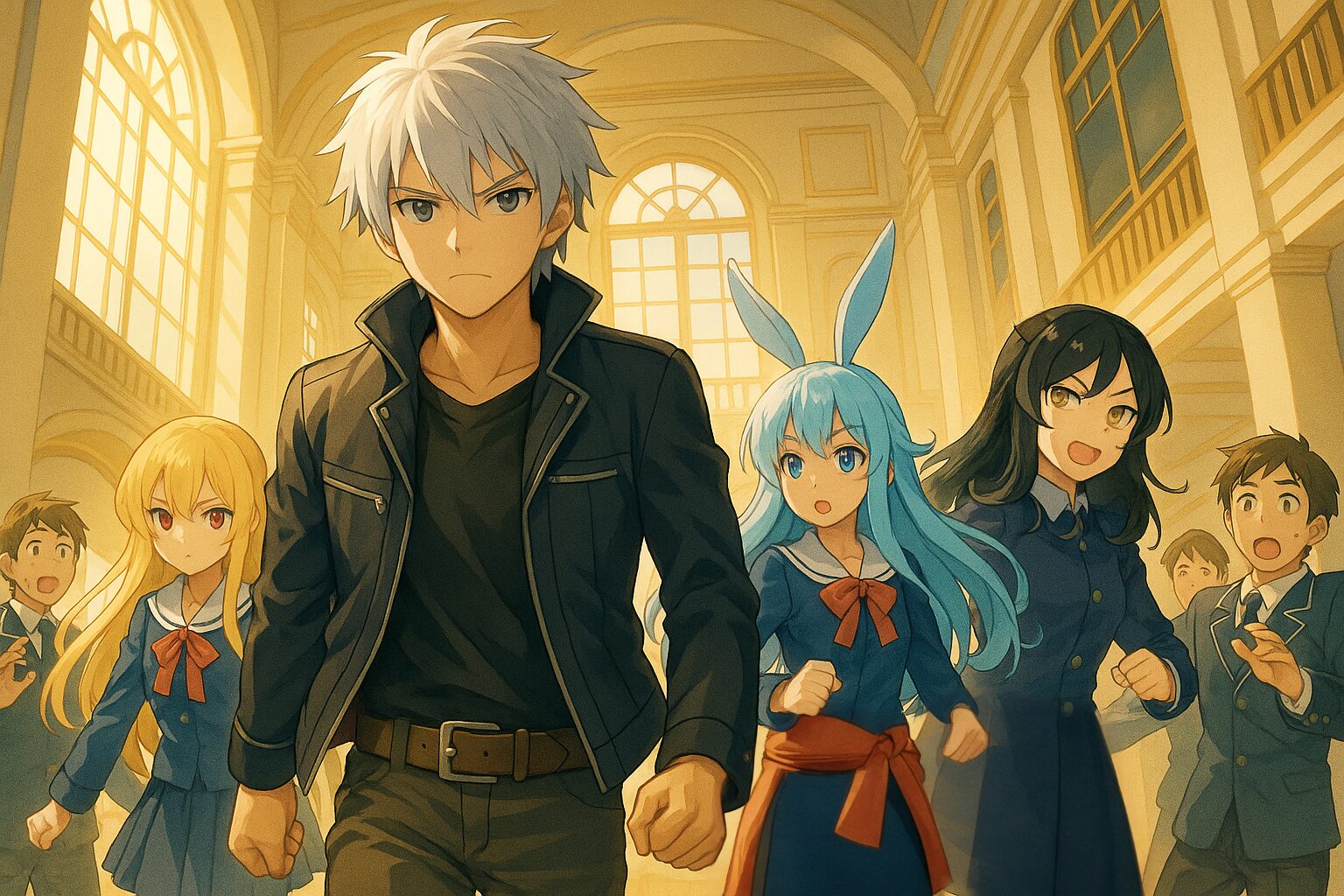 アニメ『ありふれた職業で世界最強』Season 3で、学園に帰還したハジメと仲間たちのイラスト