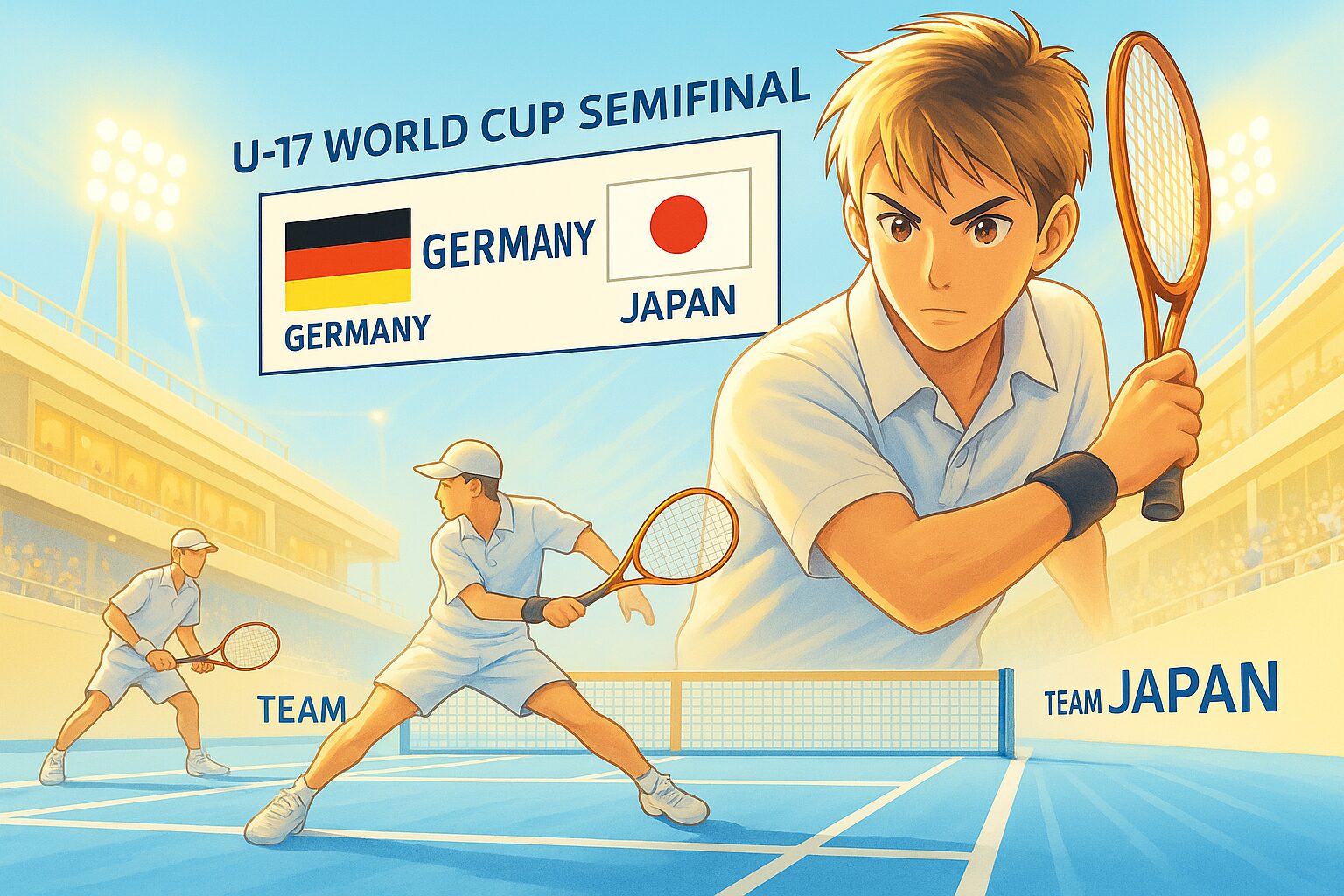 アニメ『新テニスの王子様 U-17 WORLD CUP SEMIFINAL』の日本対ドイツ戦をイメージしたイラスト