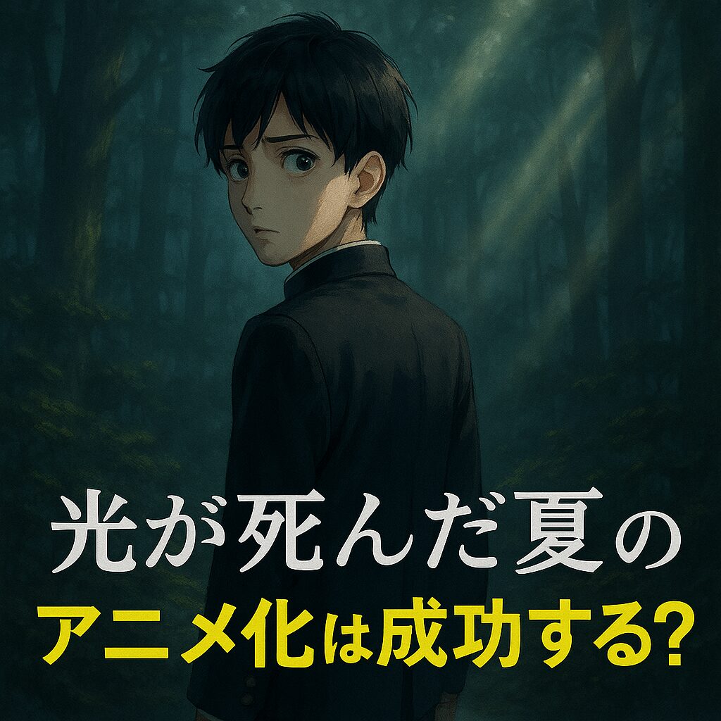 漫画「光が死んだ夏」のアニメ化が成功するかを分析する記事のアイキャッチ画像。霧深い森の中、主人公のよしきが不安げな表情でこちらを振り返っている。「光が死んだ夏のアニメ化は成功する？」という文字入り。