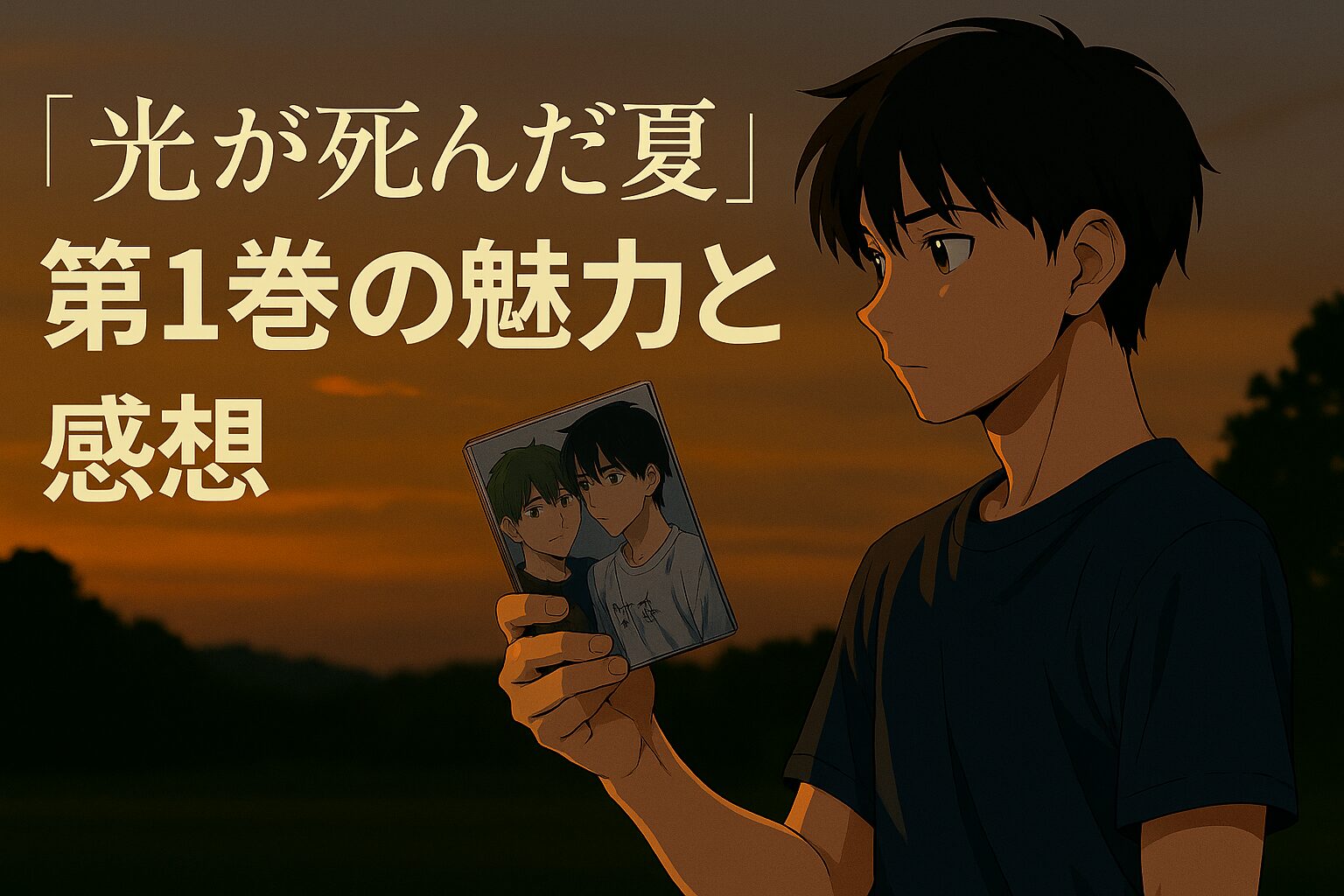 漫画「光が死んだ夏」1巻の感想記事のアイキャッチ画像。主人公のよしきが、夕暮れのなかで光との思い出の写真を切なげに見つめている。