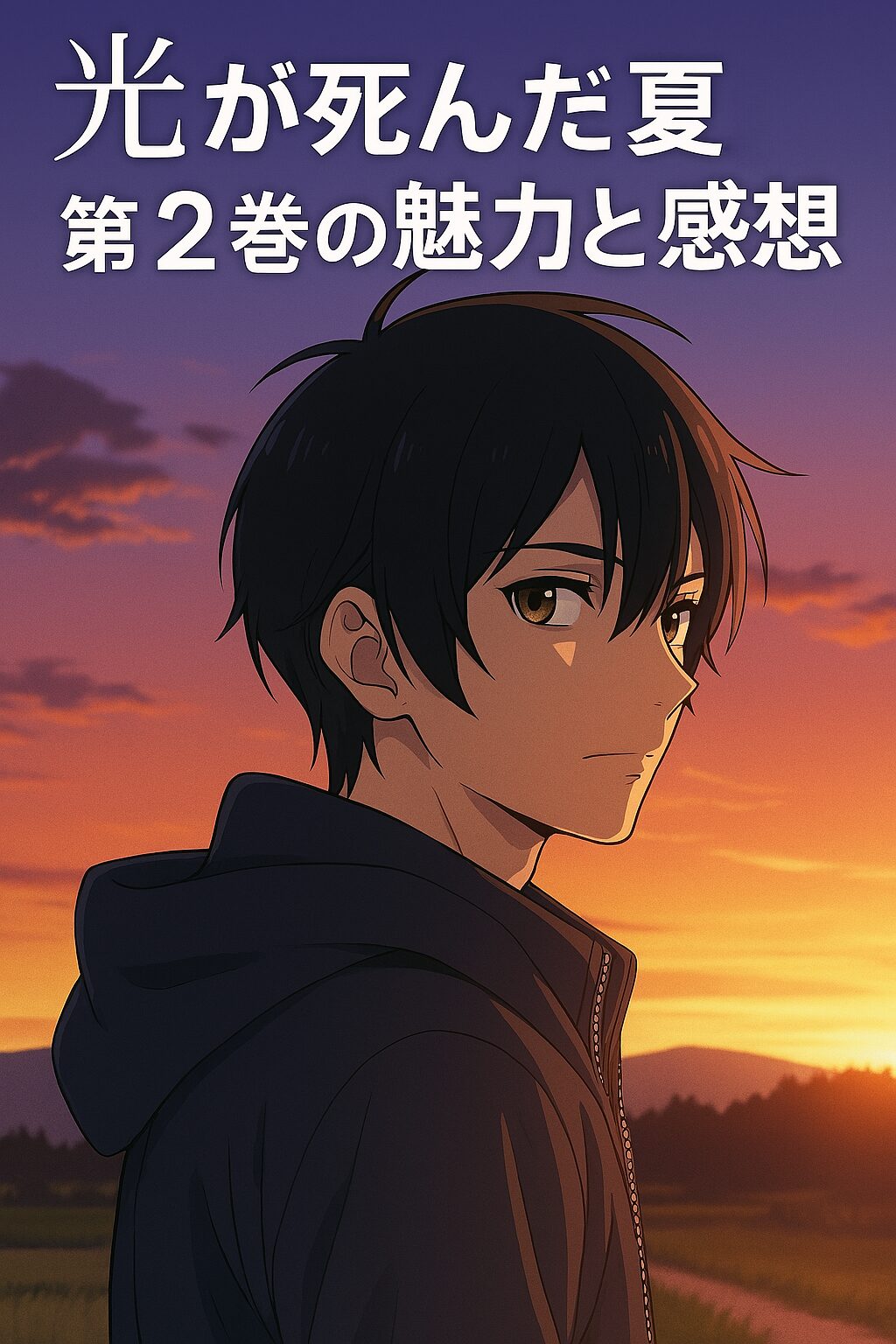 漫画「光が死んだ夏」2巻のネタバレ感想記事のアイキャッチ。夕焼けを背景に、主人公のよしきが覚悟を決めたような強い眼差しで遠くを見つめている。