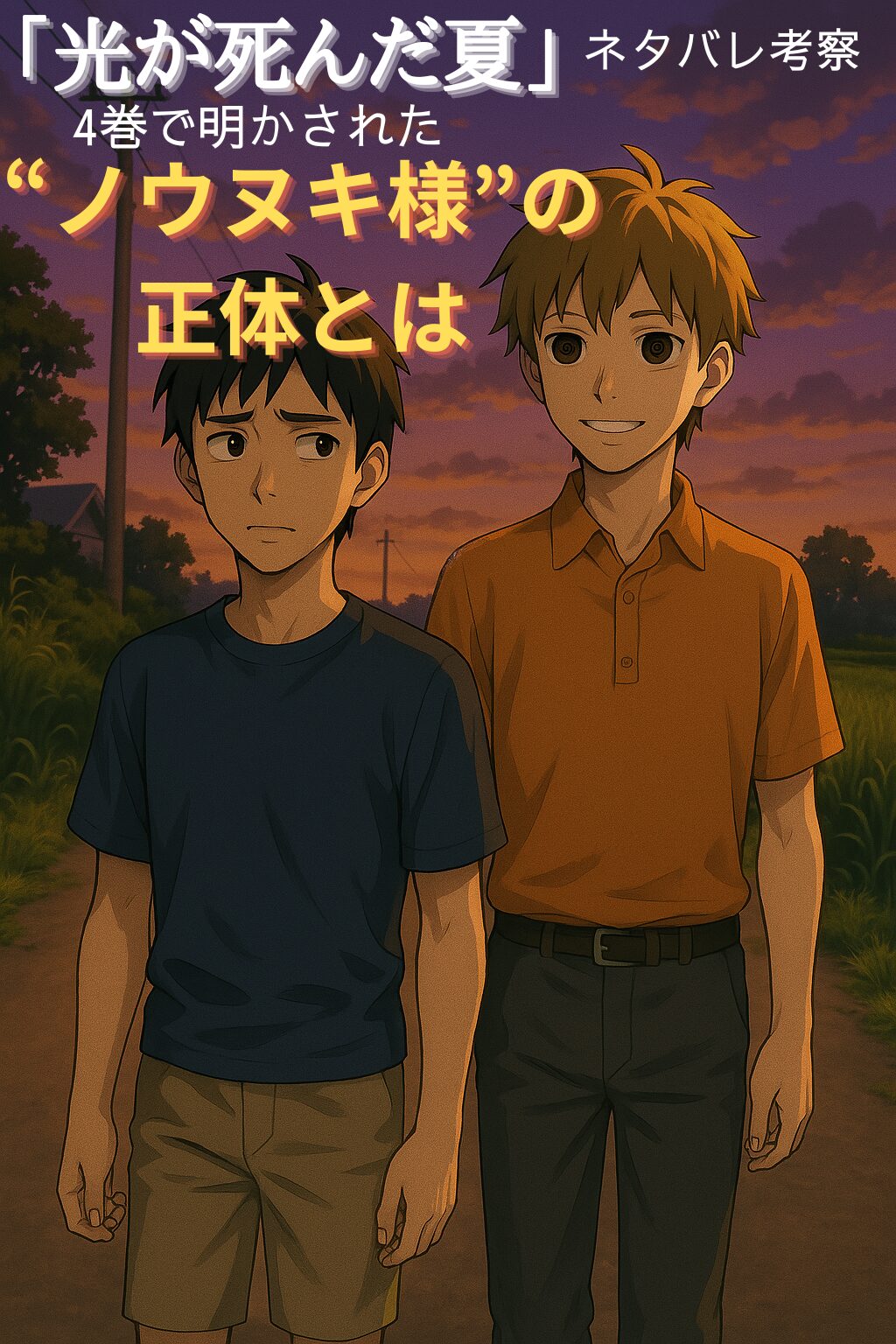 漫画「光が死んだ夏」4巻のネタバレ考察記事のアイキャッチ。不安げな表情のよしきの隣で、親友のヒカルが渦巻く不気味な瞳で微笑んでいる。「4巻で明かされた“ノウヌキ様”の正体とは」という文字入り。