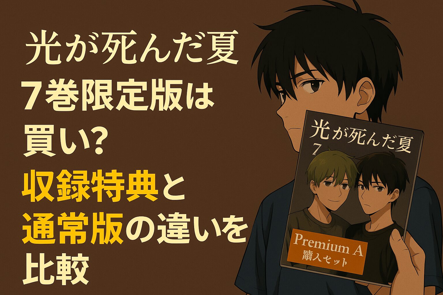 漫画「光が死んだ夏」7巻の限定版と通常版の比較記事のアイキャッチ画像。主人公よしきが、特典付きの限定版コミックスを手に取り、買うべきか思案しているような表情を見せている。