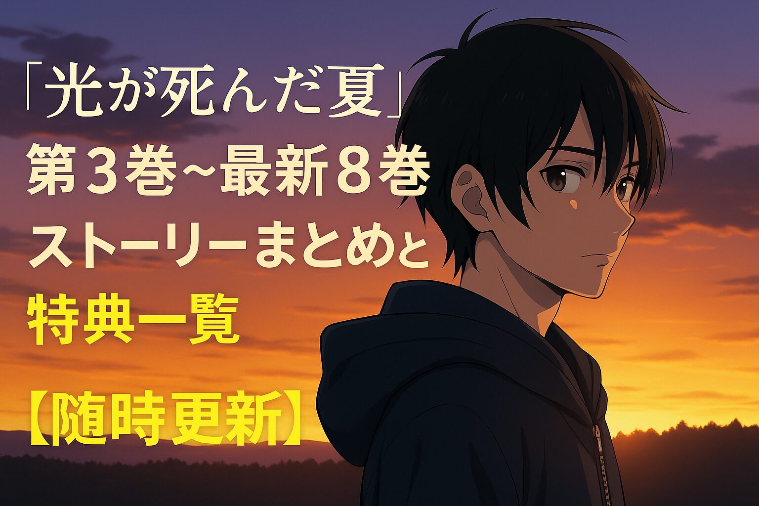 漫画「光が死んだ夏」最新刊までの全巻あらすじ・特典まとめ記事のアイキャッチ。夕焼けを背景に、物語の真実を見据えるような表情で佇む主人公よしき。