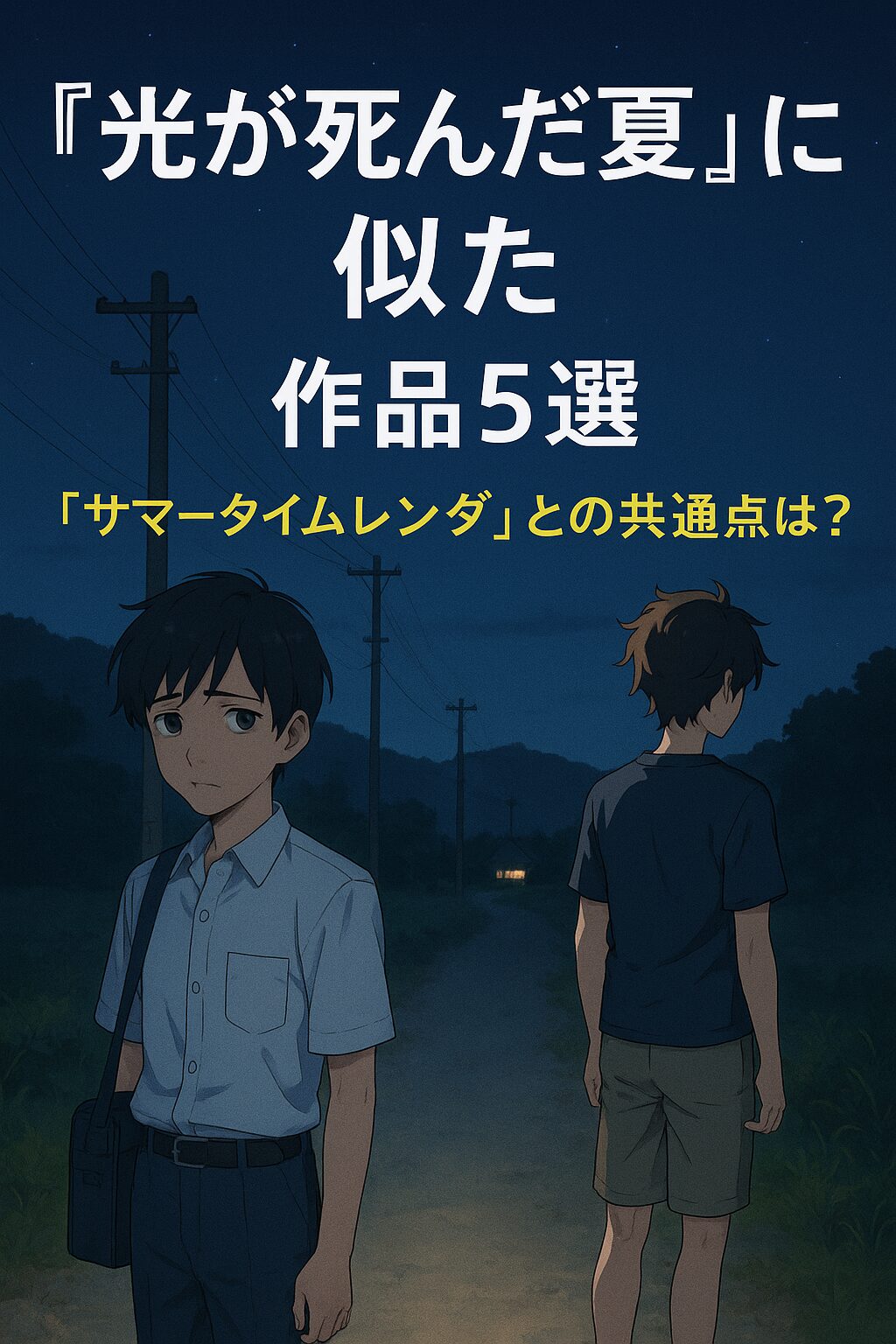 漫画「光が死んだ夏」に似た作品を5つ紹介する記事のアイキャッチ画像。夏の夜道によしきとヒカルが佇んでいる。「『光が死んだ夏』に似た作品5選」という文字入り。