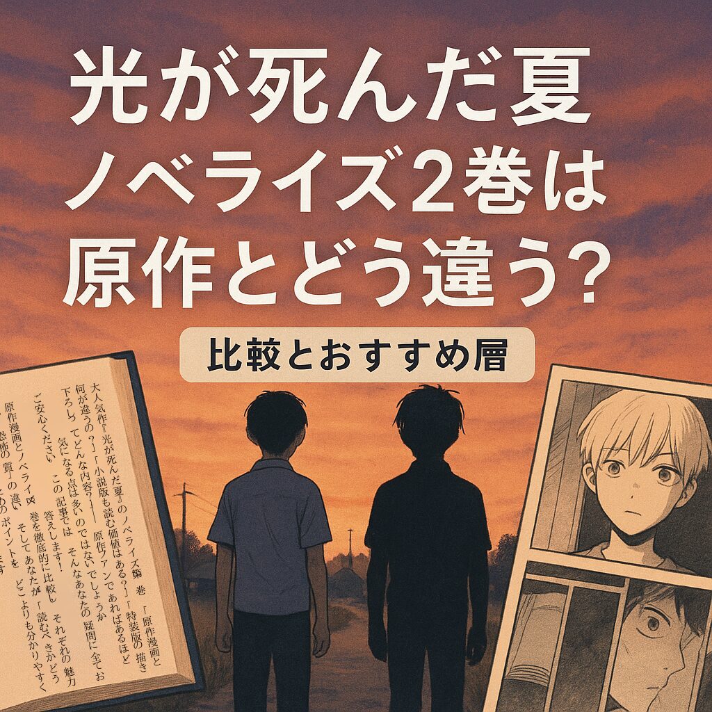 漫画「光が死んだ夏」のノベライズ2巻と原作漫画の違いを比較する記事のアイキャッチ画像。小説の本と漫画のコマの間に、よしきとヒカルのシルエットが立っている。「ノベライズ2巻は原作とどう違う？」という文字入り。