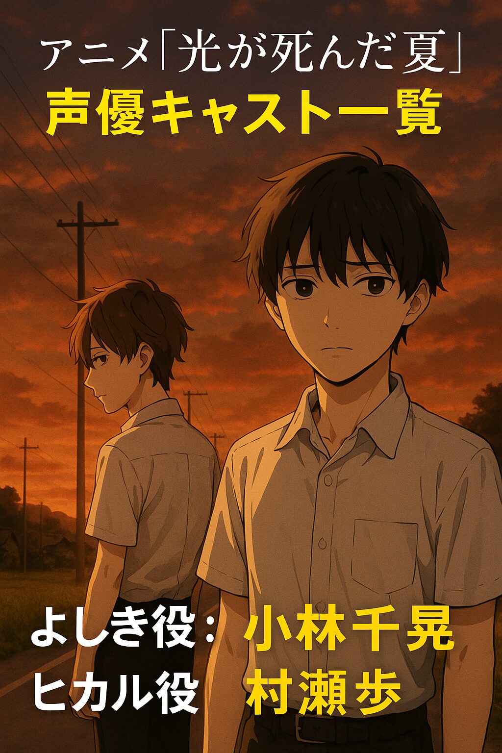 アニメ「光が死んだ夏」の声優キャスト一覧記事のアイキャッチ画像。よしきとヒカルのイラストを背景に、主演声優として小林千晃と村瀬歩の名前が記載されている。
