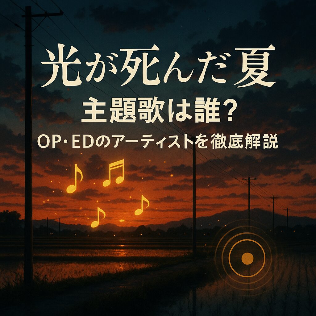 アニメ「光が死んだ夏」の主題歌は誰かを解説する記事のアイキャッチ画像。夕暮れの田舎道を背景に、光る音符が浮かんでいる。「主題歌は誰？OP・EDのアーティストを徹底解説」という文字入り。
