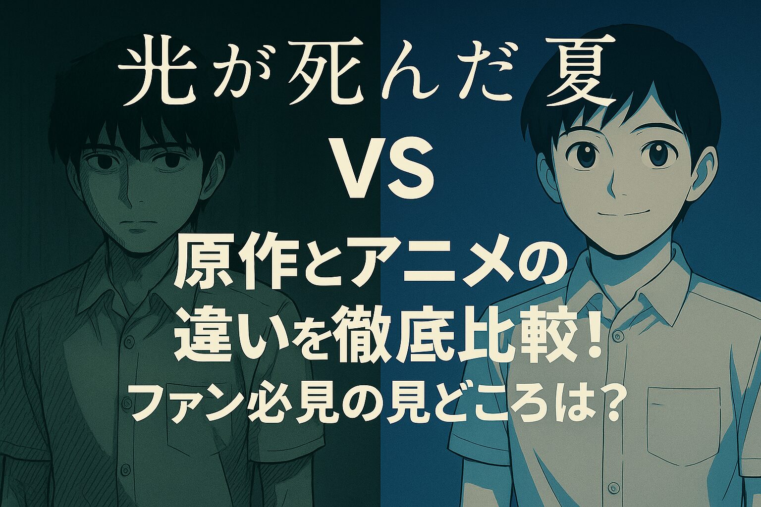 漫画「光が死んだ夏」の原作とアニメの違いを比較する記事のアイキャッチ画像。漫画風の暗い表情の少年と、アニメ風の明るい表情の少年が「VS」の文字で対比されている。「原作とアニメの違いを徹底比較！」という文字入り。