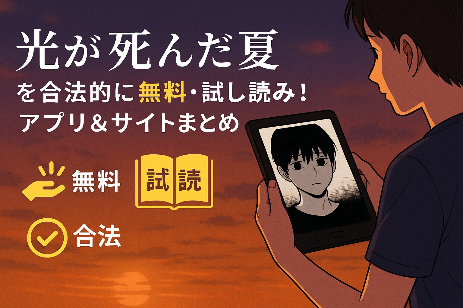 漫画『光が死んだ夏』を無料で読めるアプリやサイトをまとめた記事のアイキャッチ画像。夕暮れを背景に、少年が電子書籍リーダーで漫画を読んでいる。「を合法的に無料・試し読み！アプリ＆サイトまとめ」という文字入り。