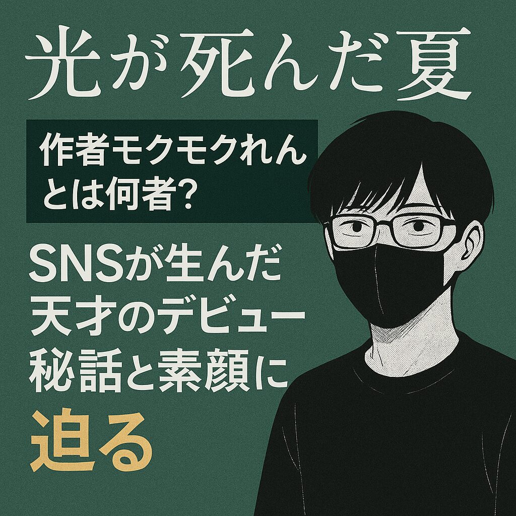 漫画「光が死んだ夏」の作者モクモクれん先生を紹介する記事のアイキャッチ画像。作者の似顔絵イラストを背景に、「SNSが生んだ天才のデビュー秘話と素顔に迫る」という文字入り。