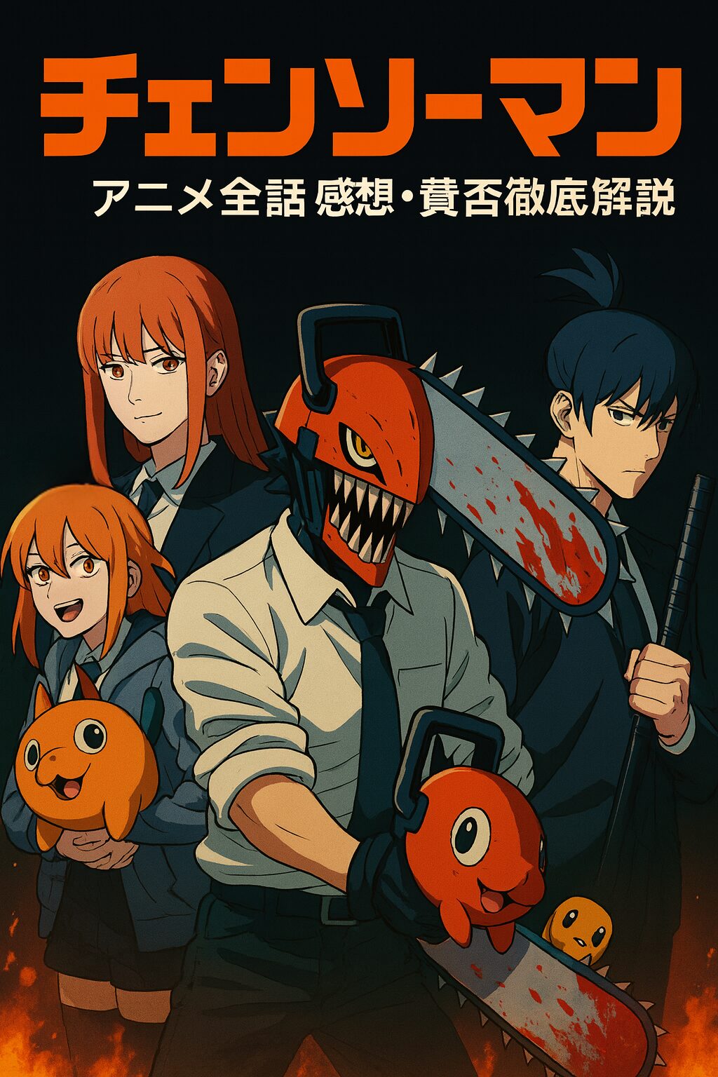 アニメ「チェンソーマン」全話のネタバレ感想と評価の賛否を徹底解説するアイキャッチ画像。チェンソーマン姿のデンジを中央に、マキマ、パワー、アキ、ポチタが描かれている。