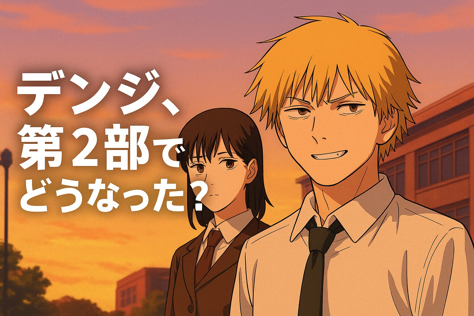 チェンソーマン第2部の主人公デンジと三鷹アサが描かれたアイキャッチ画像。デンジの活躍、第1部からの変化、そして見どころを解説するブログ記事