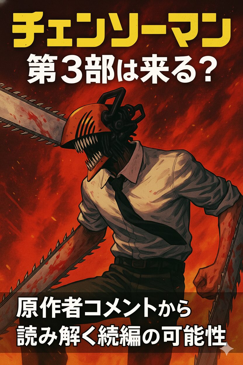 チェンソーマンの主人公デンジが炎を背景に立つイラスト。チェンソーマン第3部の可能性を原作者コメントから考察する記事のアイキャッチ画像。