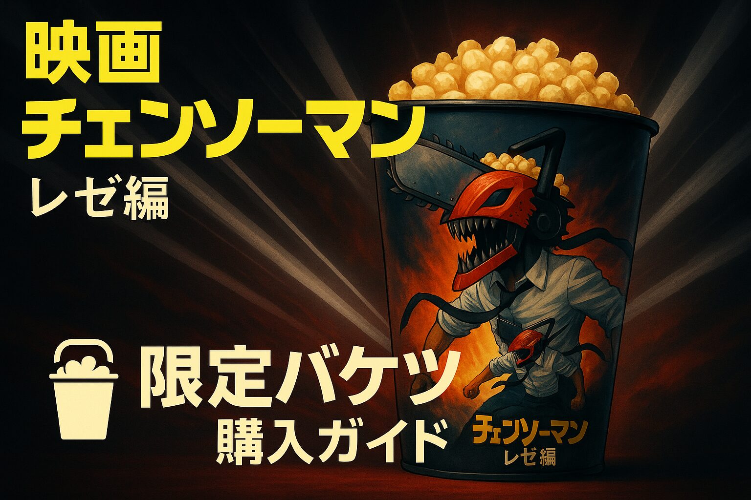 映画 チェンソーマン レゼ篇 限定ポップコーンバケツの購入ガイド。ポップコーンカップに描かれたチェンソーマンのイラスト。販売劇場、価格、再販情報を徹底解説。