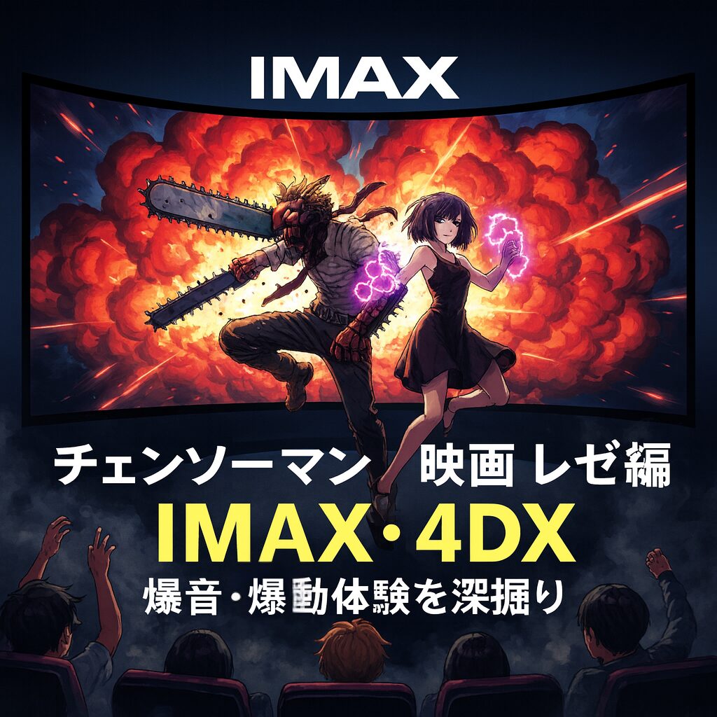 劇場版チェンソーマン レゼ篇 IMAX・4DXの爆音・爆動体験をイメージした映画ポスター風アイキャッチ画像