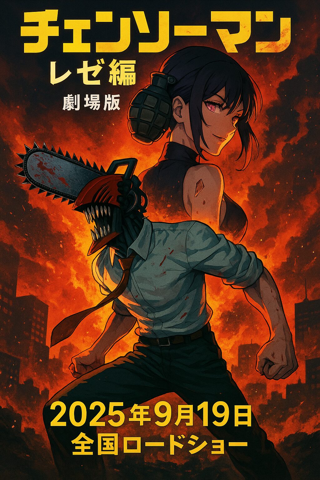 チェンソーマン レゼ編 劇場版のキービジュアル。デンジ（チェンソーマン）とレゼが燃え盛る都市を背景に並び、公開日の2025年9月19日が記された映画ポスター風イラスト。最新情報や声優、特典、興行収入を解説。